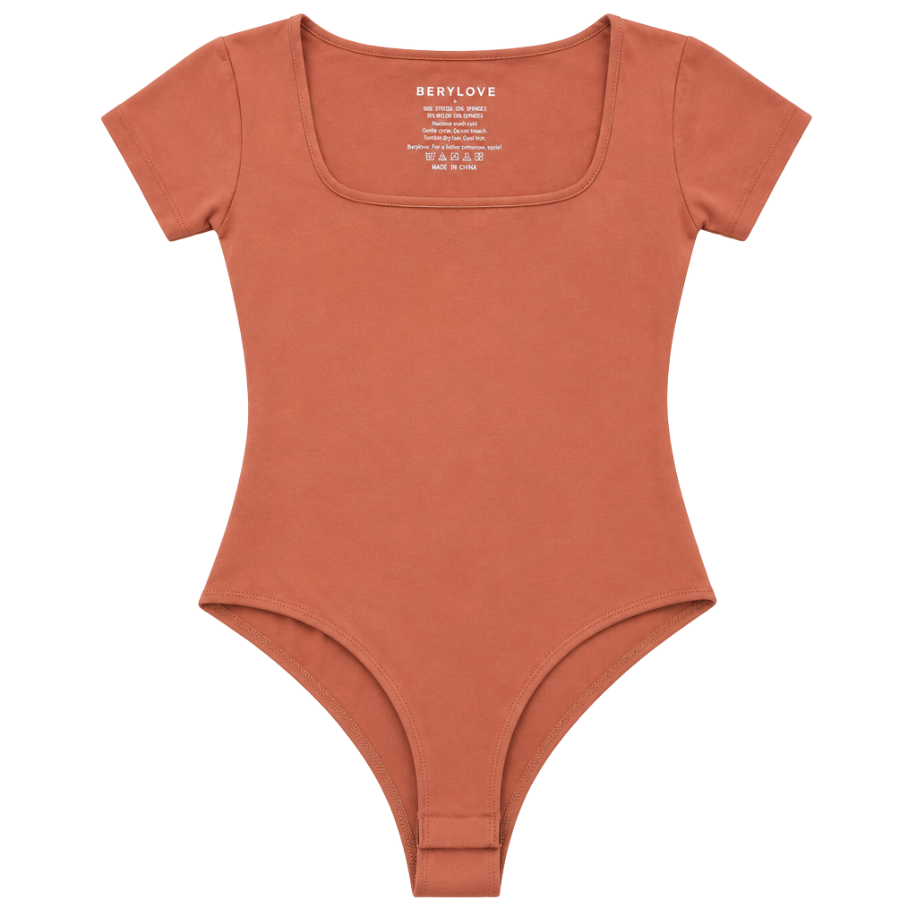 Berylove Short Sleeve Bodysuit Size S Terracotta Square Neck 1
