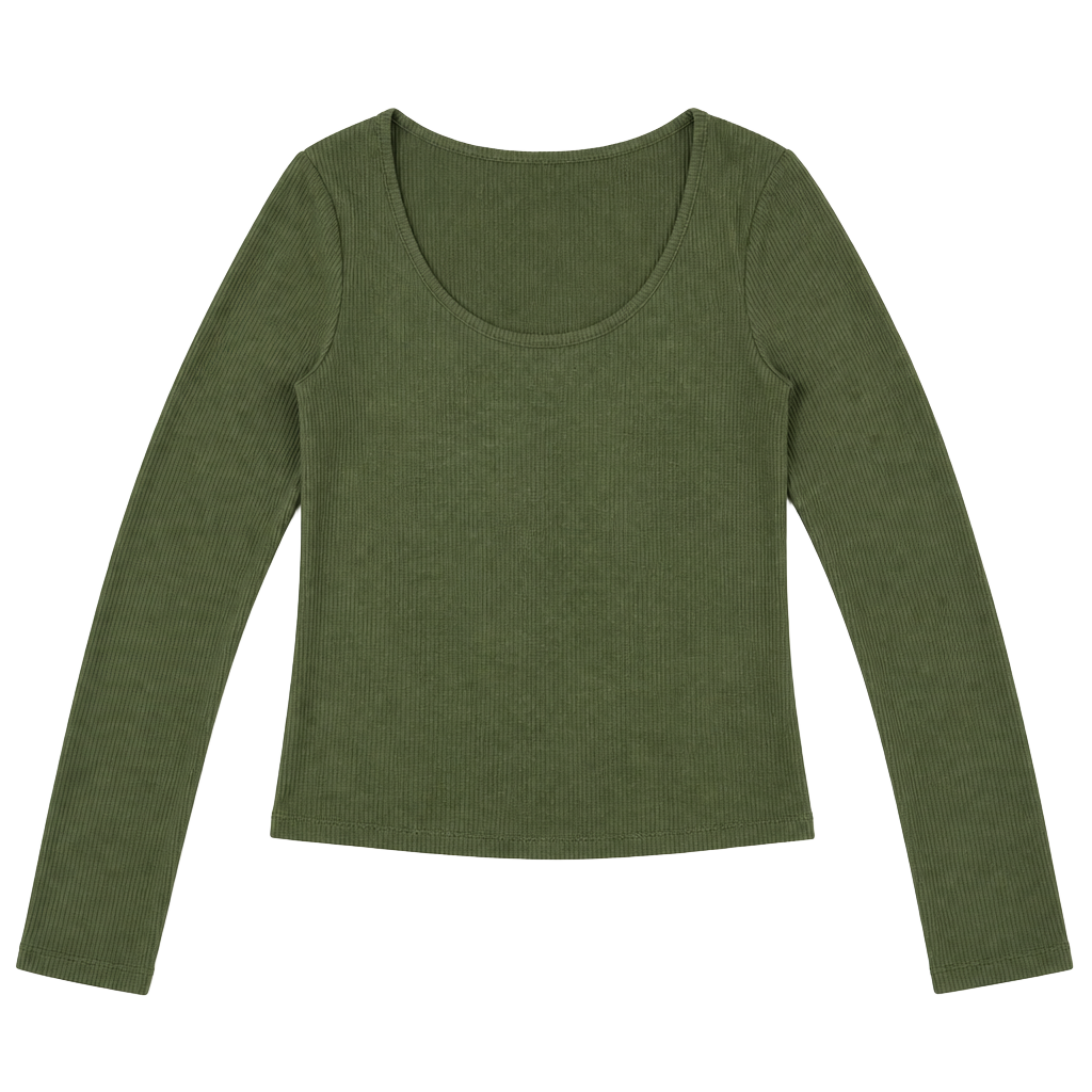 Carly Jean Los Angeles Olive Green Ribbed Long Sleeve Scoop Neck Top 1