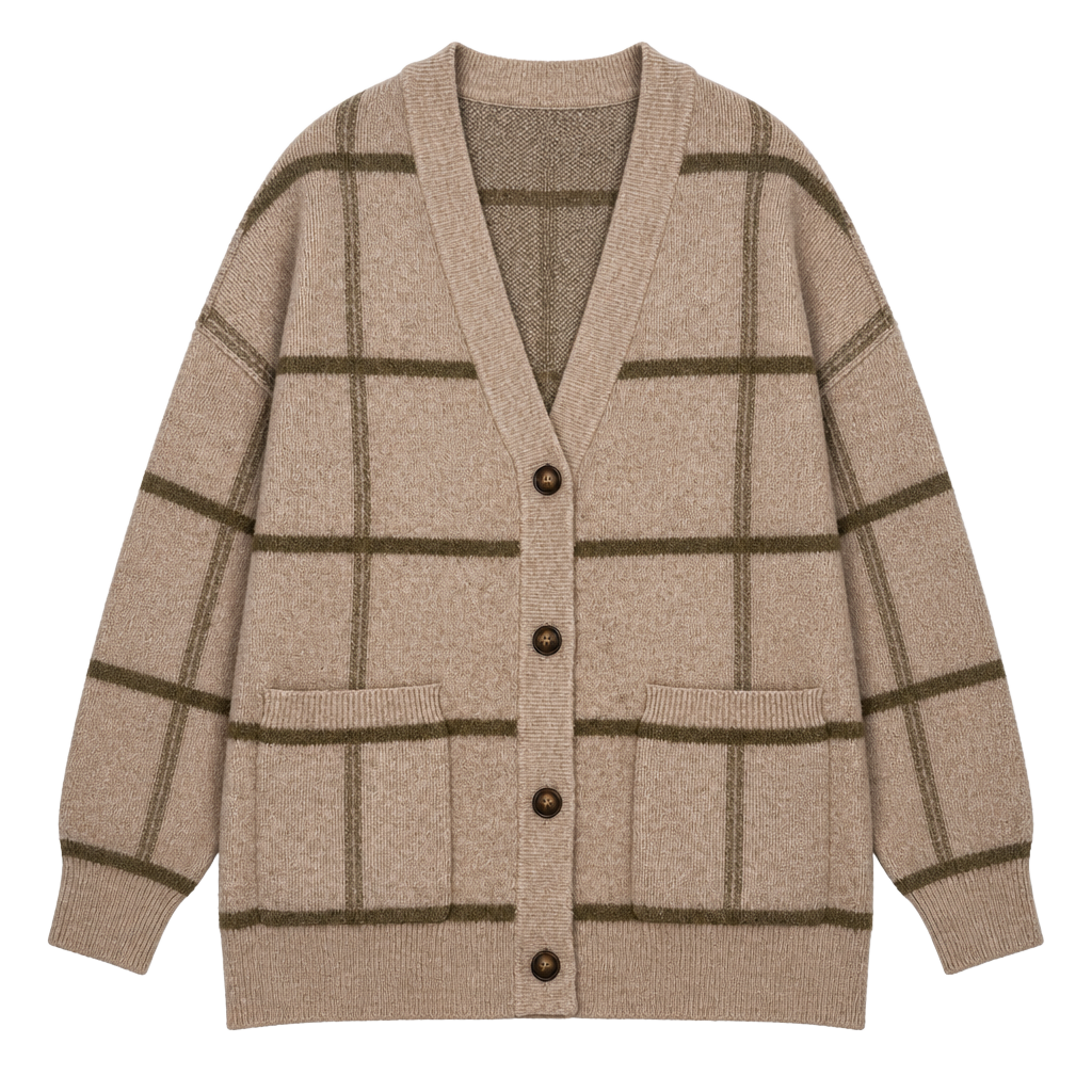A New Day Women's Tan and Green Grid Pattern Button-Front Cardigan Sweater 1