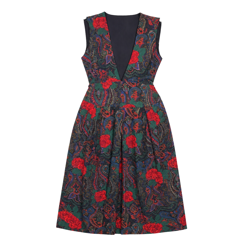 Vintage Plaid Paisley Rose Green and Red Pinafore 29in Waist Cottagecore Eclectic Prairie Homestead 1