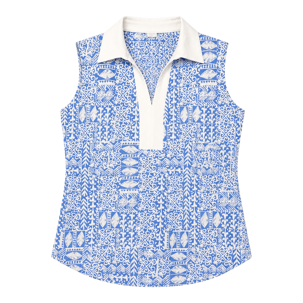Sigrid Olsen Golf/Tennis Sleeveless Polo Blue White Geometric Size S UPF 50 1