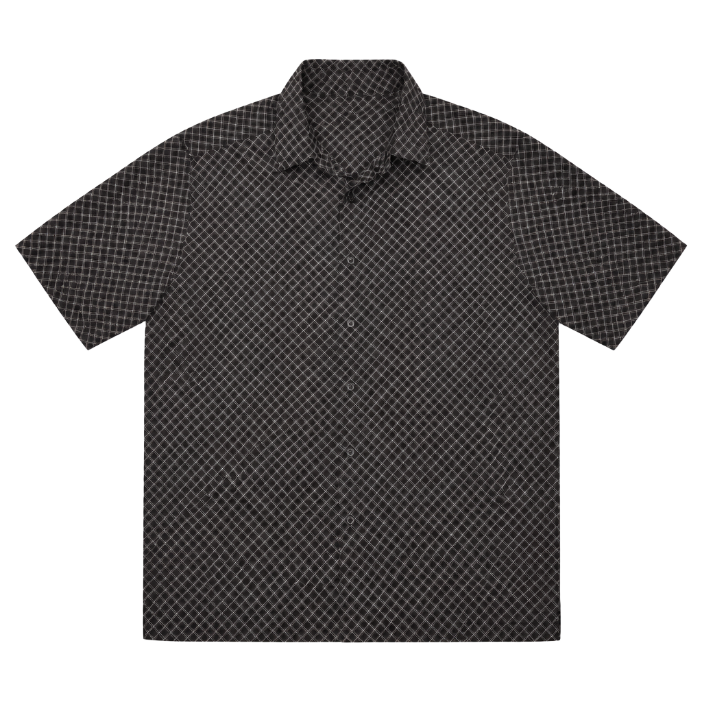 Claiborne 100% Silk Mens XL Blk White Grid Pattern Short Sleeve Button Up Shirt 1