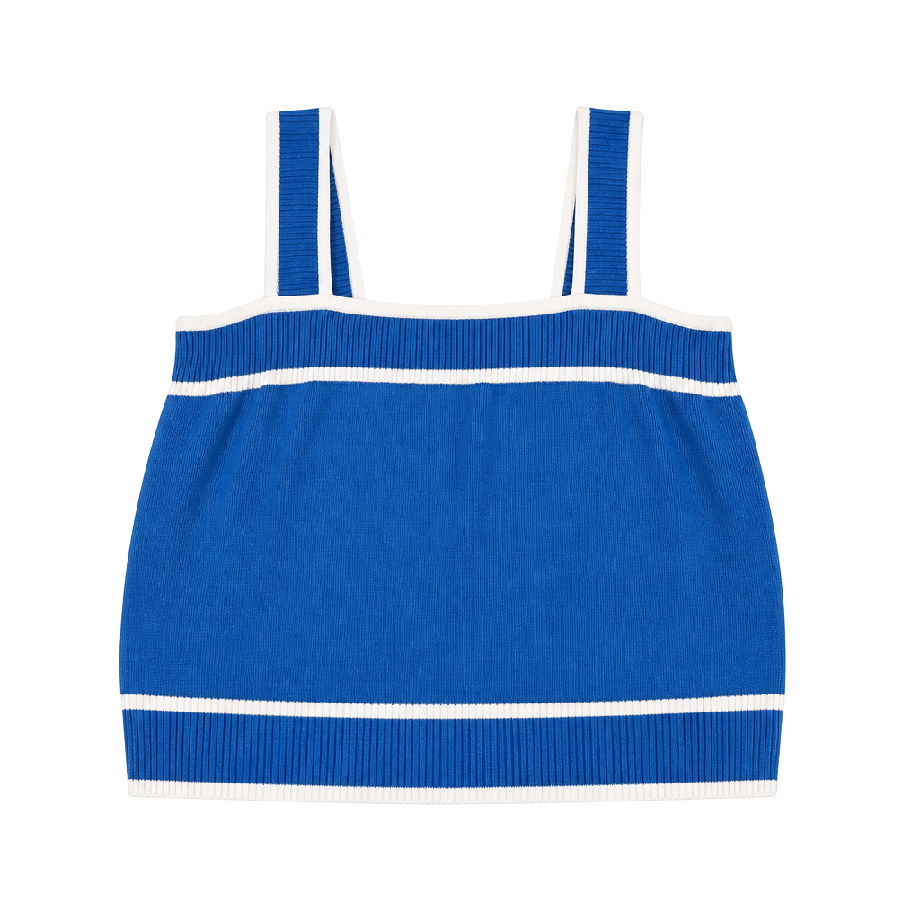 Vintage Style Blue & White Ribbed Knit Tank Top, Size L - Striped Crop Top 1