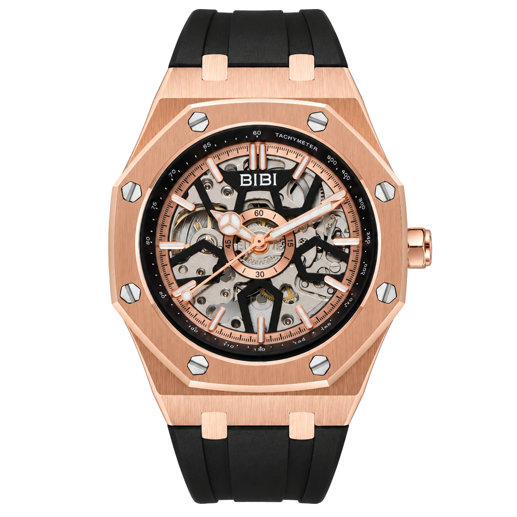 BiBi Rose Gold Automatic Skeleton Dial With Black Strap 1
