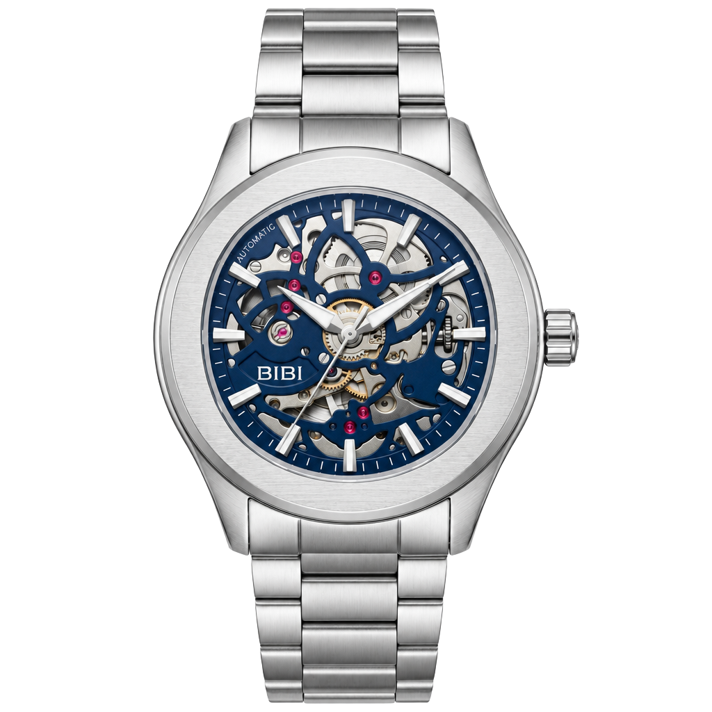 Bibi Luxury Automatic Skeleton Watch Blue Face Silver Steel 1