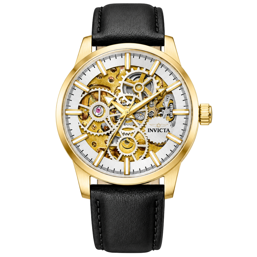 Invicta Skeleton Automatic Gold-Tone Black Leather Watch 1