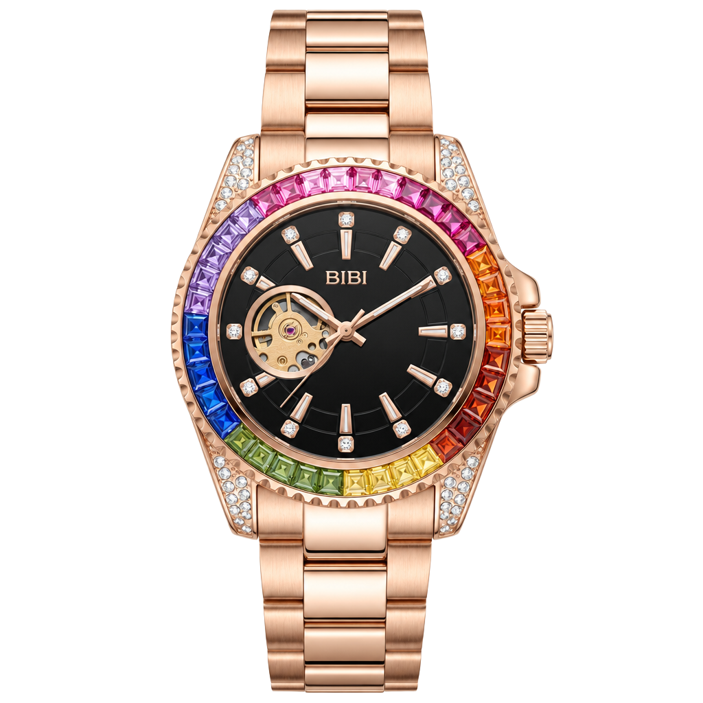 Bibi Rainbow Gem Automatic Mechanical Watch Rose Gold Black Dial 1