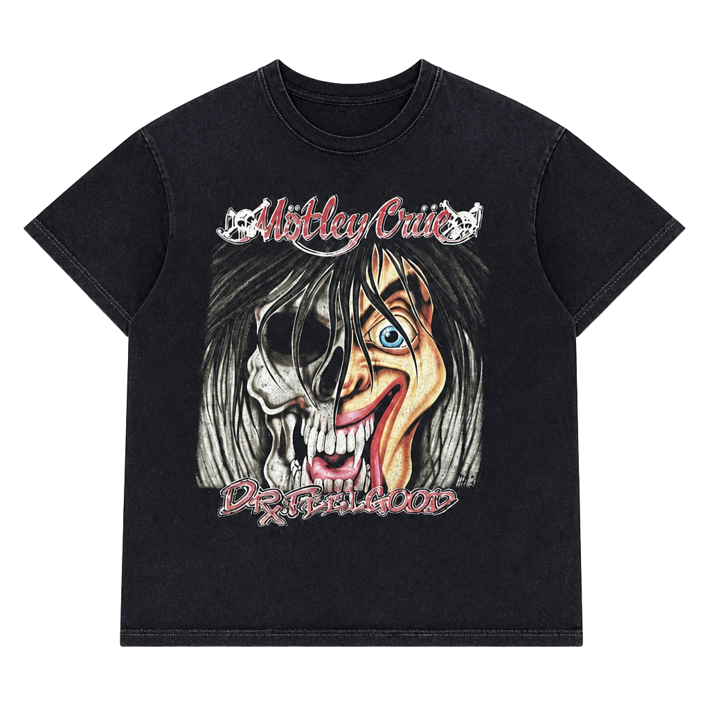 🔥 Mötley Crüe Dr. Feelgood Tee – Distressed Rocker Vibes 🔥
Rare and badass Mötley Crüe Dr. Feelgood graphic tee, featuring a wild half-skull, half-smiling face design on the front. The back has a bold red-lettered quote that screams 1