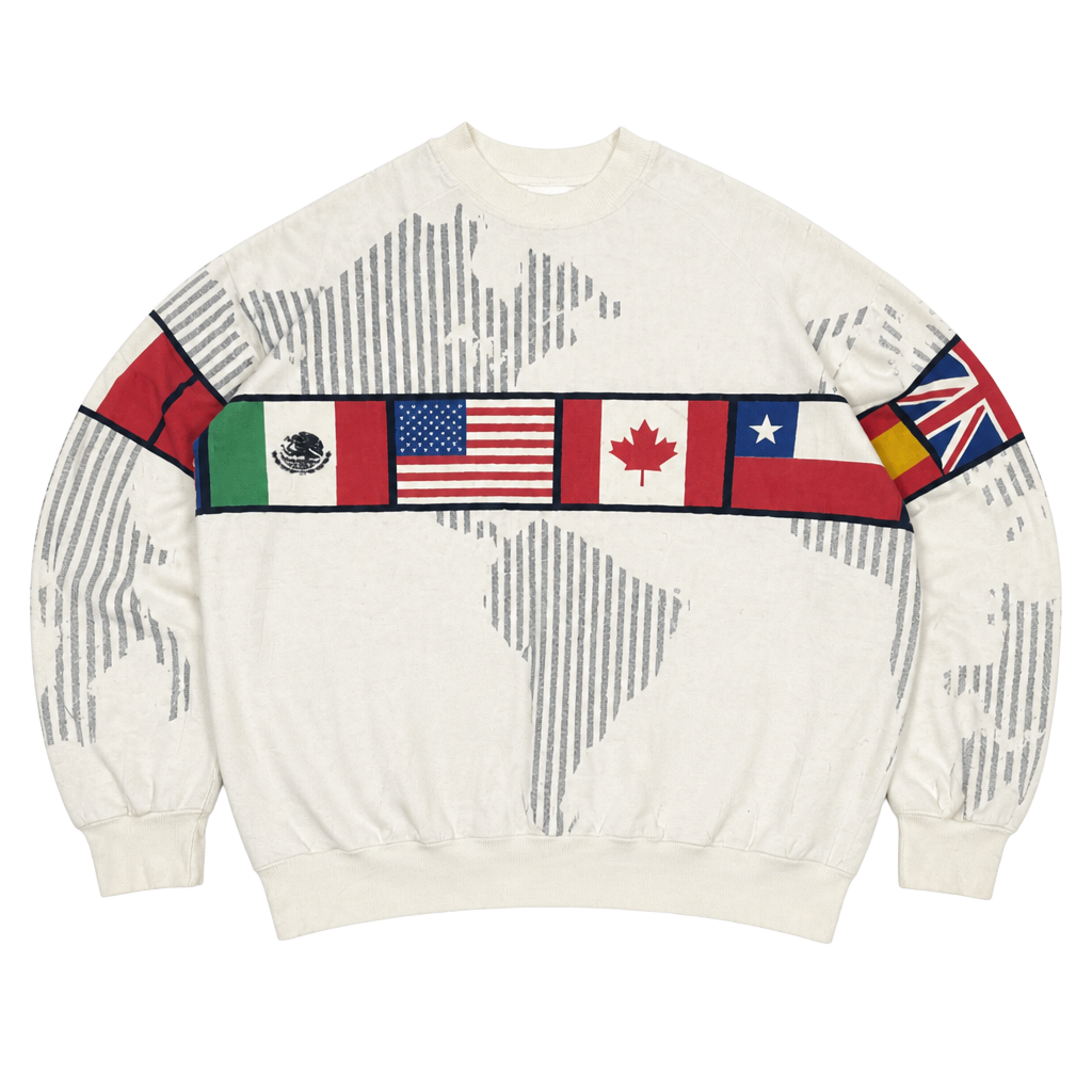π Vintage International Flags Sweatshirt π
This Santiago Sport 1541 sweatshirt is a true β90s vintage gem! Featuring a bold world flag design across the chest and sleeves, an earthy cream base, and a relaxed oversized fit, this pullover is perfe 1