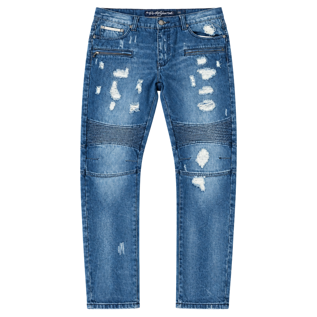 The Heritage By America Distressed Biker Jeans Size W34 L33 Blue Denim 1