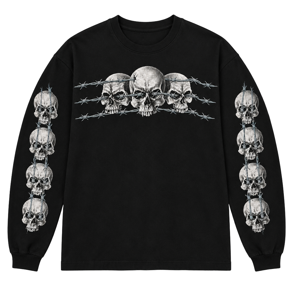 VINTAGE Thunder Sportswear Long Sleeve Graphic Tee Skull Barbed Wire 1