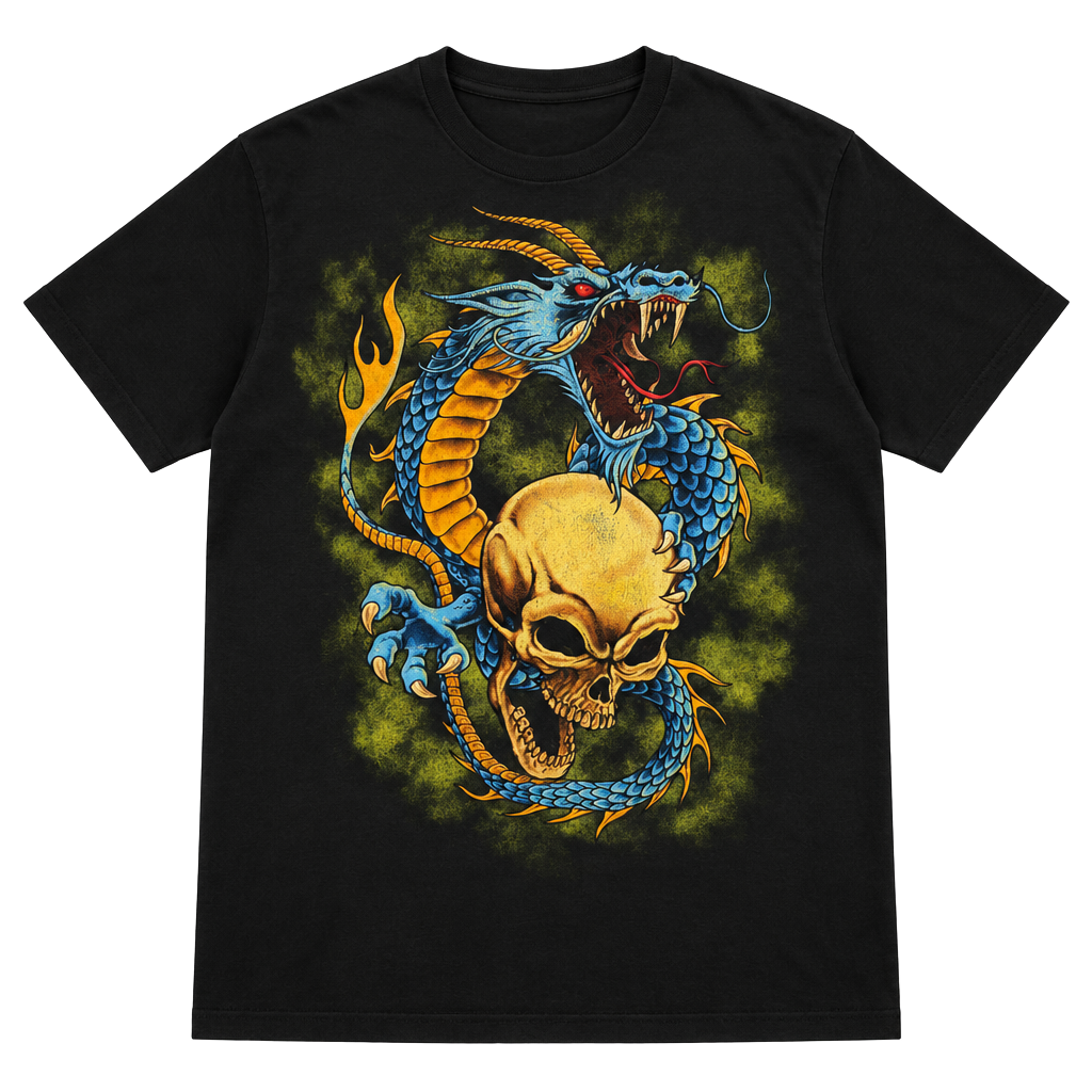 M&O Knits Dragon Skull Graphic T-Shirt X-Large Black Heavyweight 1