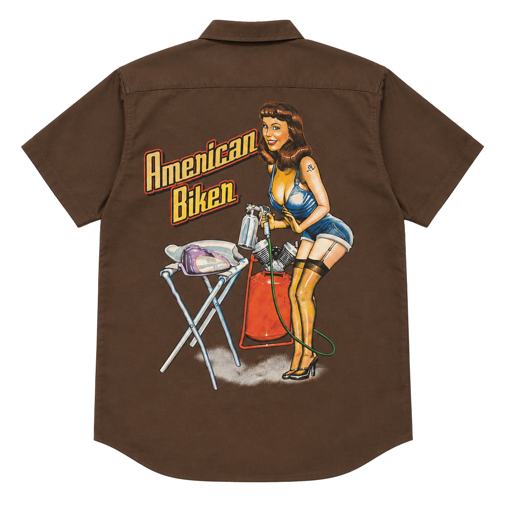 91 American Biker Work Shirt Size M Brown Pinup Girl Graphic 1