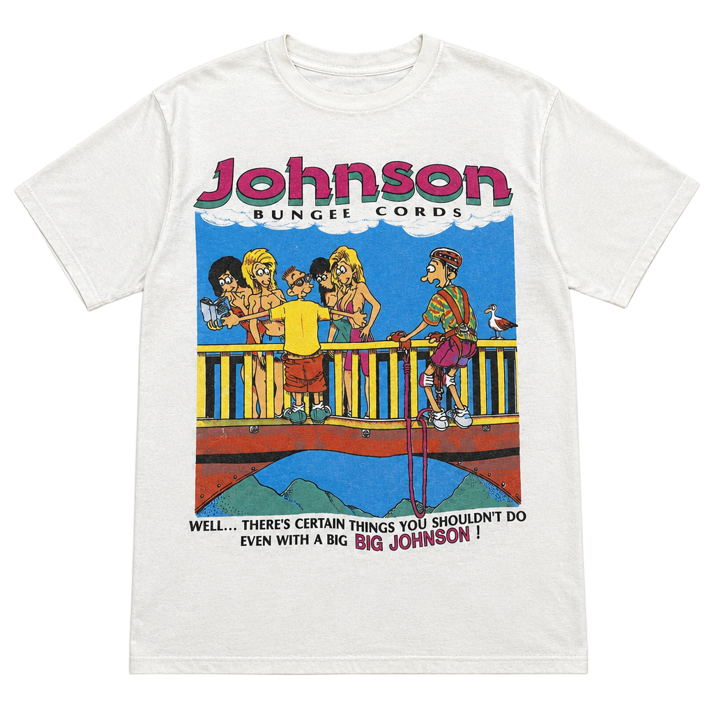 Johnson Bungee Cords T-Shirt Size L White Graphic Print 90s Novelty Humor Tee 1