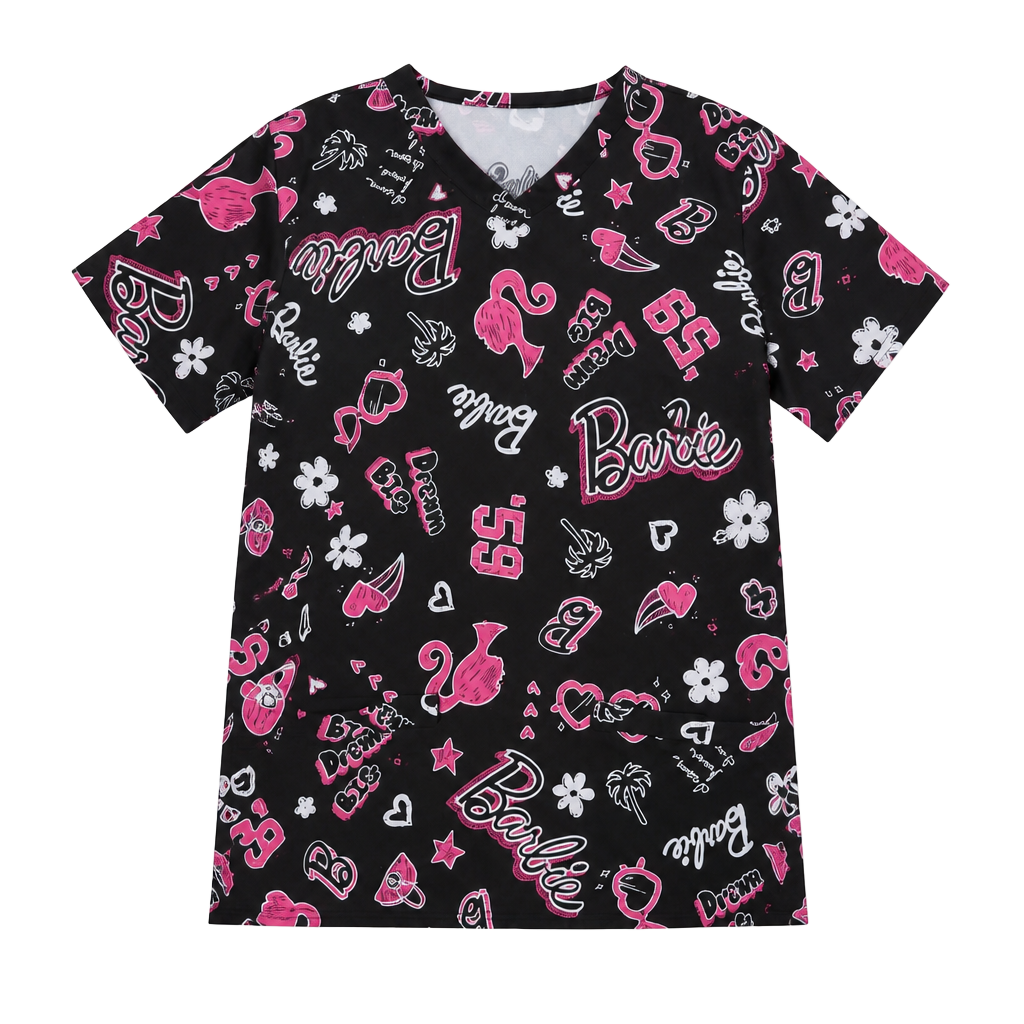Barbie Women's V-Neck 2-Pocket Print Scrub Top, Black and Pink 1