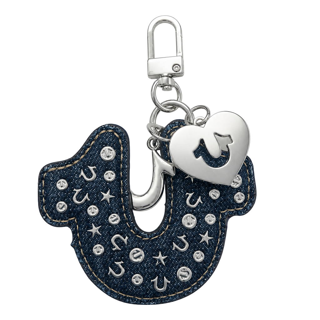 True Religion Denim Horseshoe Bag Charm with Studded Accents 1