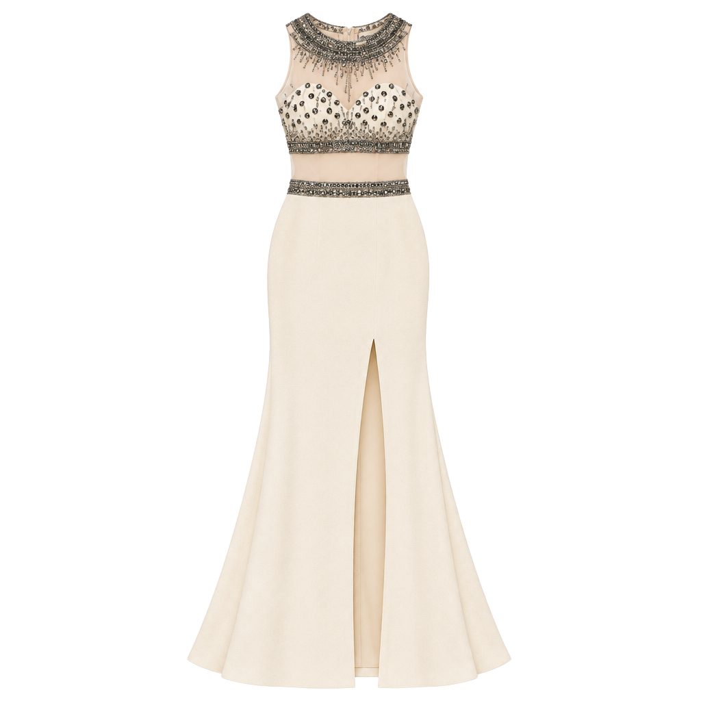 Shail K 1135 Dress Gown Ivory Beaded Illusion Bodice High Slit NWT Size: 6 NWT 1