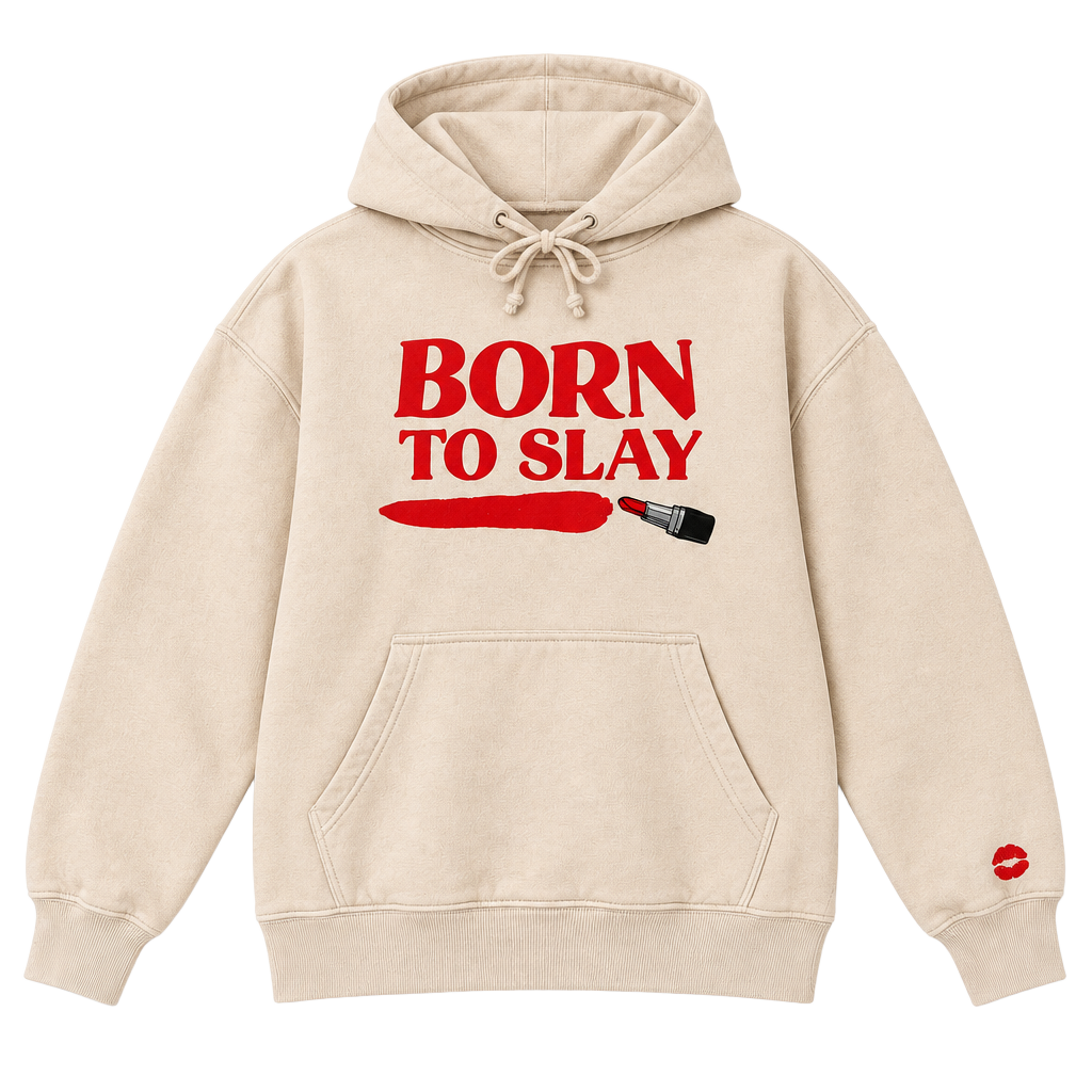Affirmation Apparel Cream "Born to Slay" Multi-Kiss Graphic Hoodie Size: Small 1