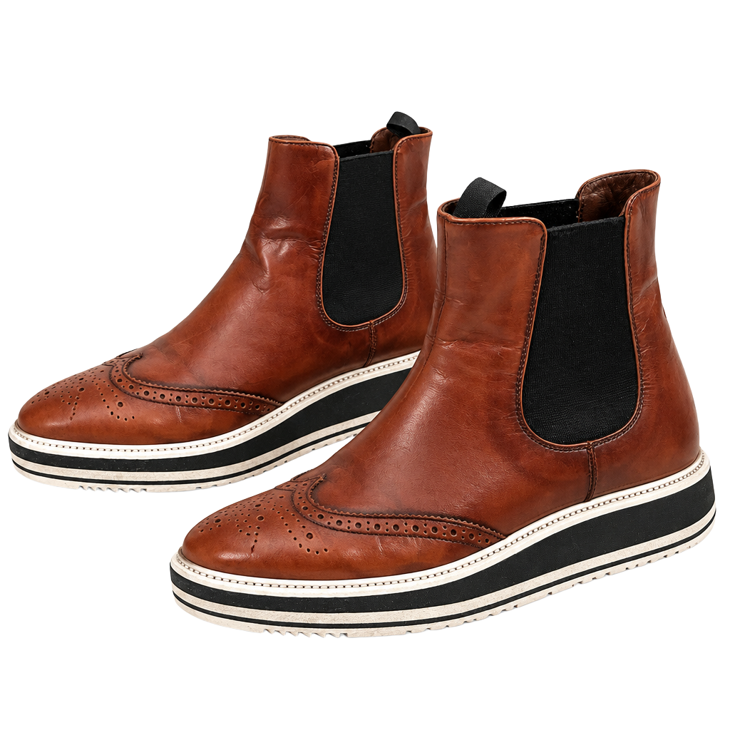 Prada Wing Tip Chelsea Boots Brown Leather Brogue Platform Size: 38.5 / 8 US 1