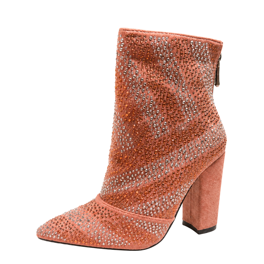 Cape Robbin Mauve Rhinestone Embellished Pointed Toe Chunky Heel Ankle Boots 1
