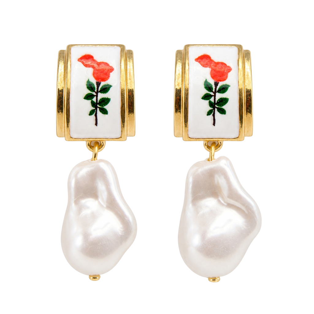 Vintage-Style Red Rose Enamel and Baroque Pearl Drop Earrings 1