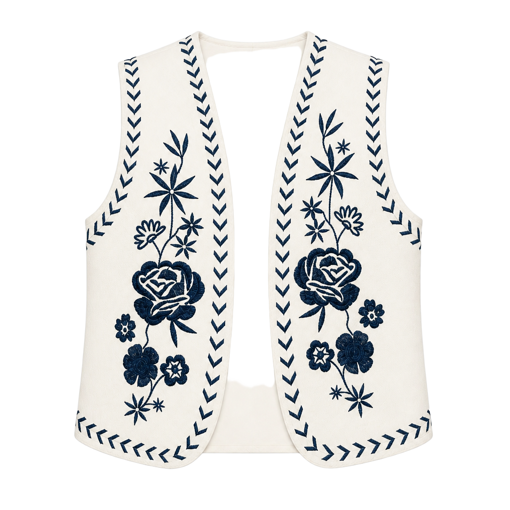 Forever 21 White and Blue Floral Embroidered Open Front Waistcoat 1