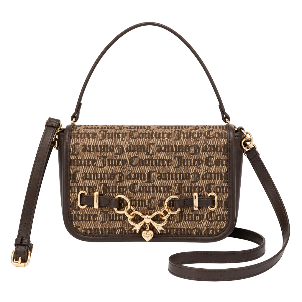 Juicy Couture Logo Flap Crossbody Bag in Dark Brown with Chain and Bow Detail 1