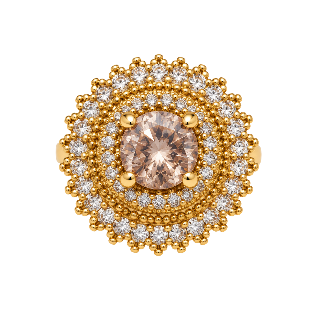 Gold Tone Cluster Cocktail Ring With Pink Center Stone 1