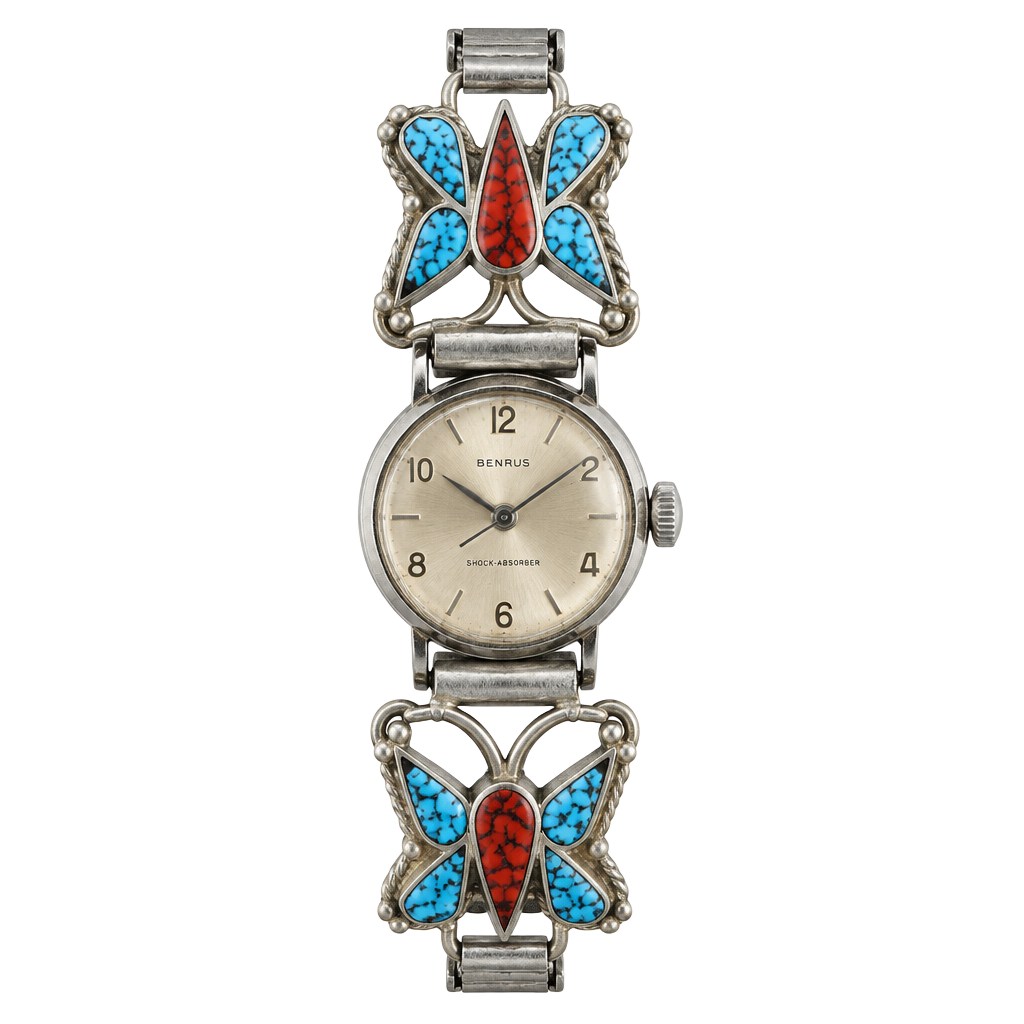 Timex Vintage 17 Jewels w/Turquoise & Coral Native Butterfly Inlay Stretch Watch 1