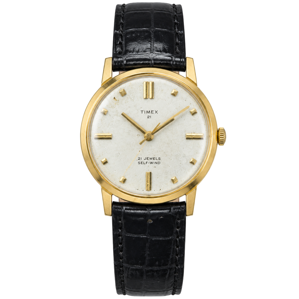VINTAGE TIMEX 1968 21J AUTOMATIC MECHANICAL SELF-WIND MEN'S GOLDEN LEATHER WATCH 1
