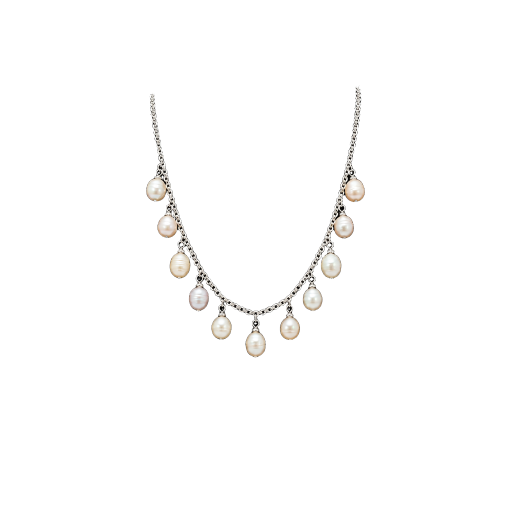 Freshwater Pearl Fringe Necklace Silver Chain Dangle Pearls 1