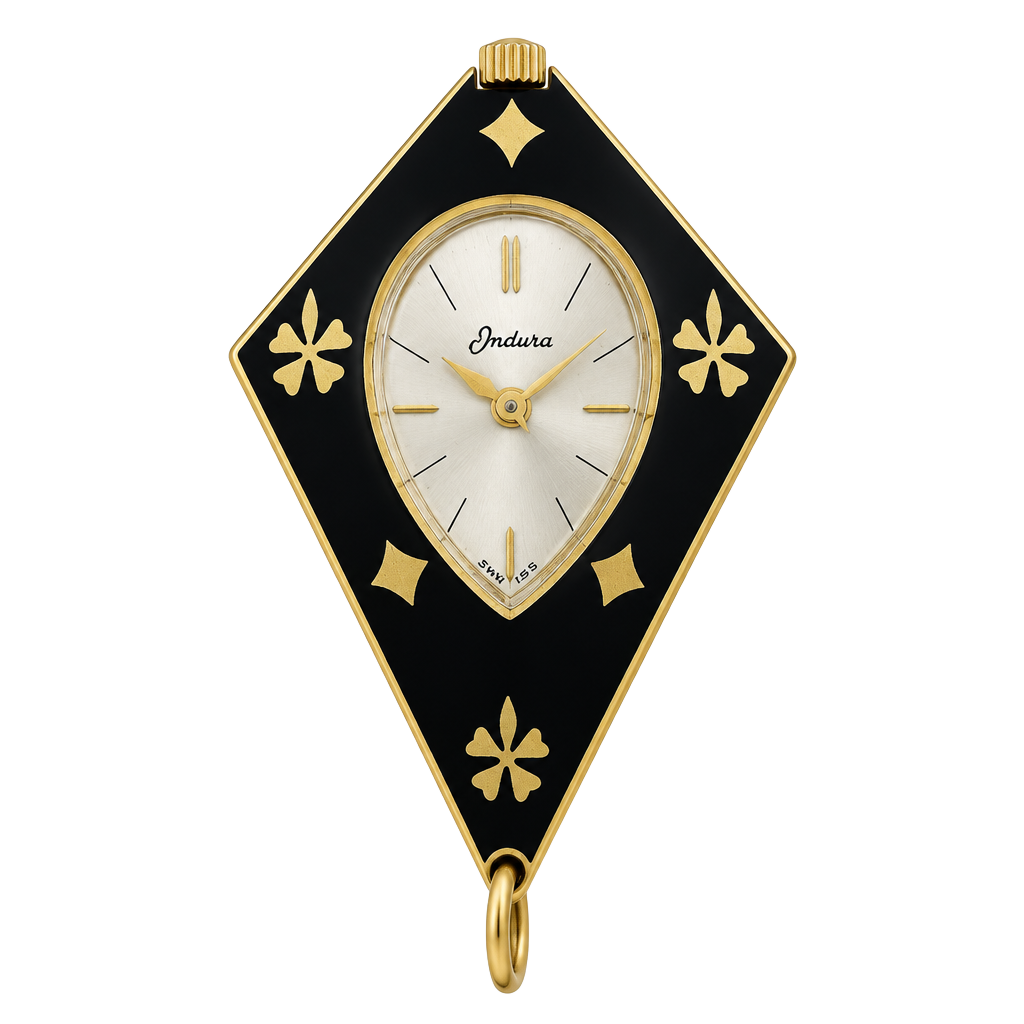 Endura Lady Luck Watch Black Enamel Gold Tone Pendant Necklace 1