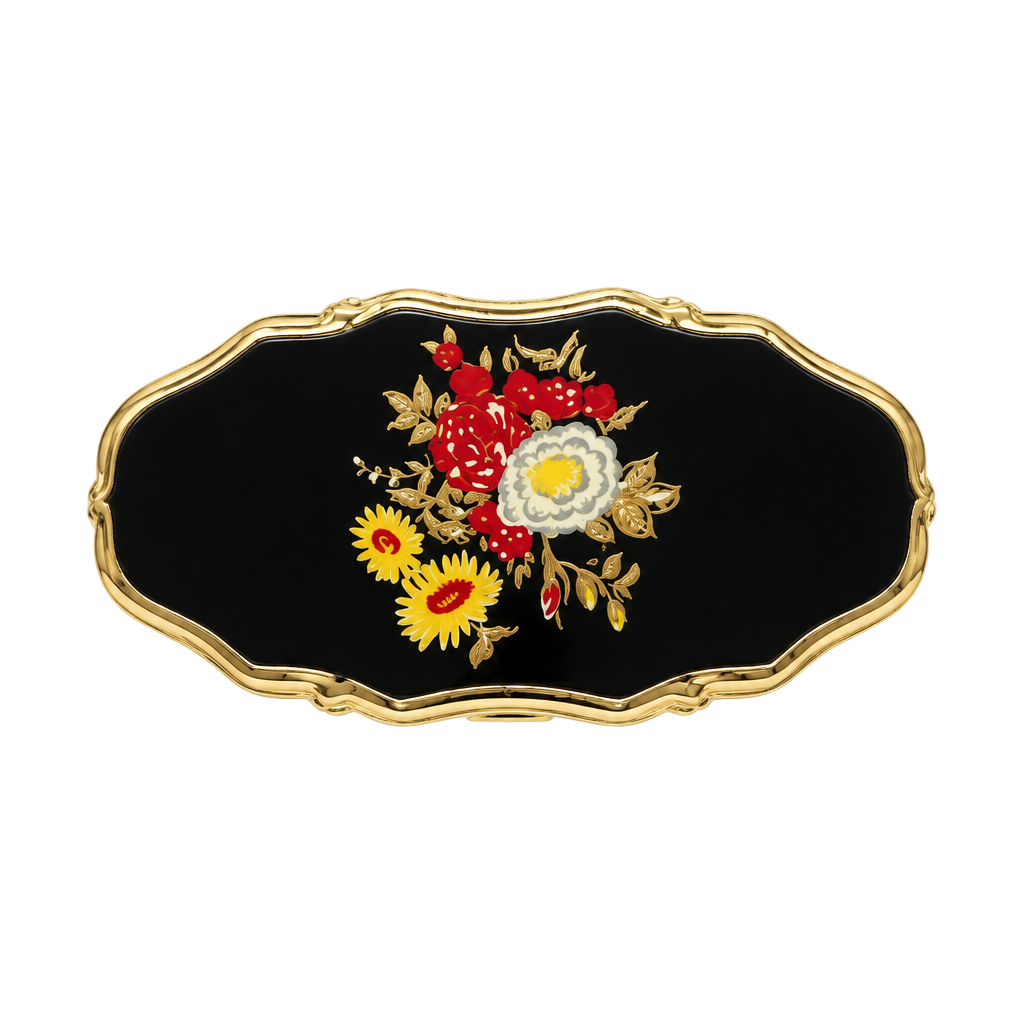 Vintage Japan Enamel Floral Black Gold Adjustable Statement Ring 1