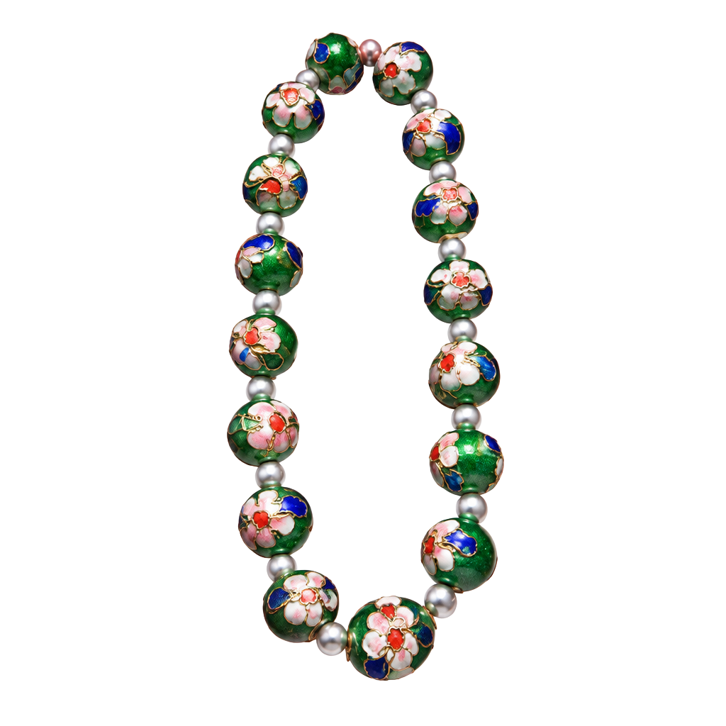 Vintage Green Cloisonne Enamel Beaded Bracelet with Silver Spacer Beads 1