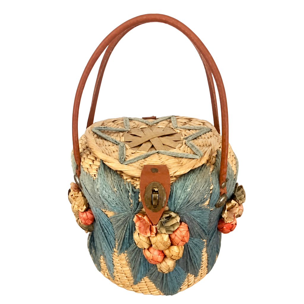 Vintage 1970s Woven Straw Bucket Bag Purse with Floral Embellishments 1
