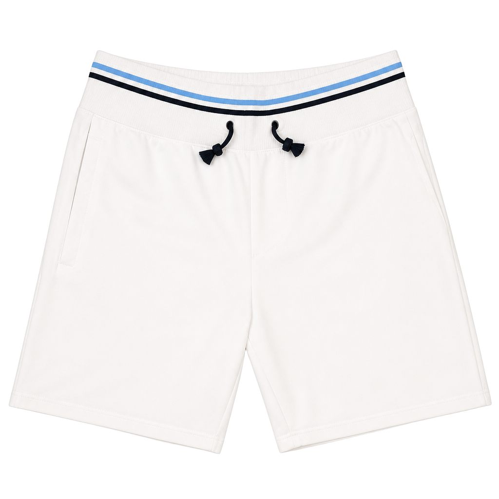 Psycho Bunny White Knit Drawstring Shorts with Striped Waistband and Leg Logo 1