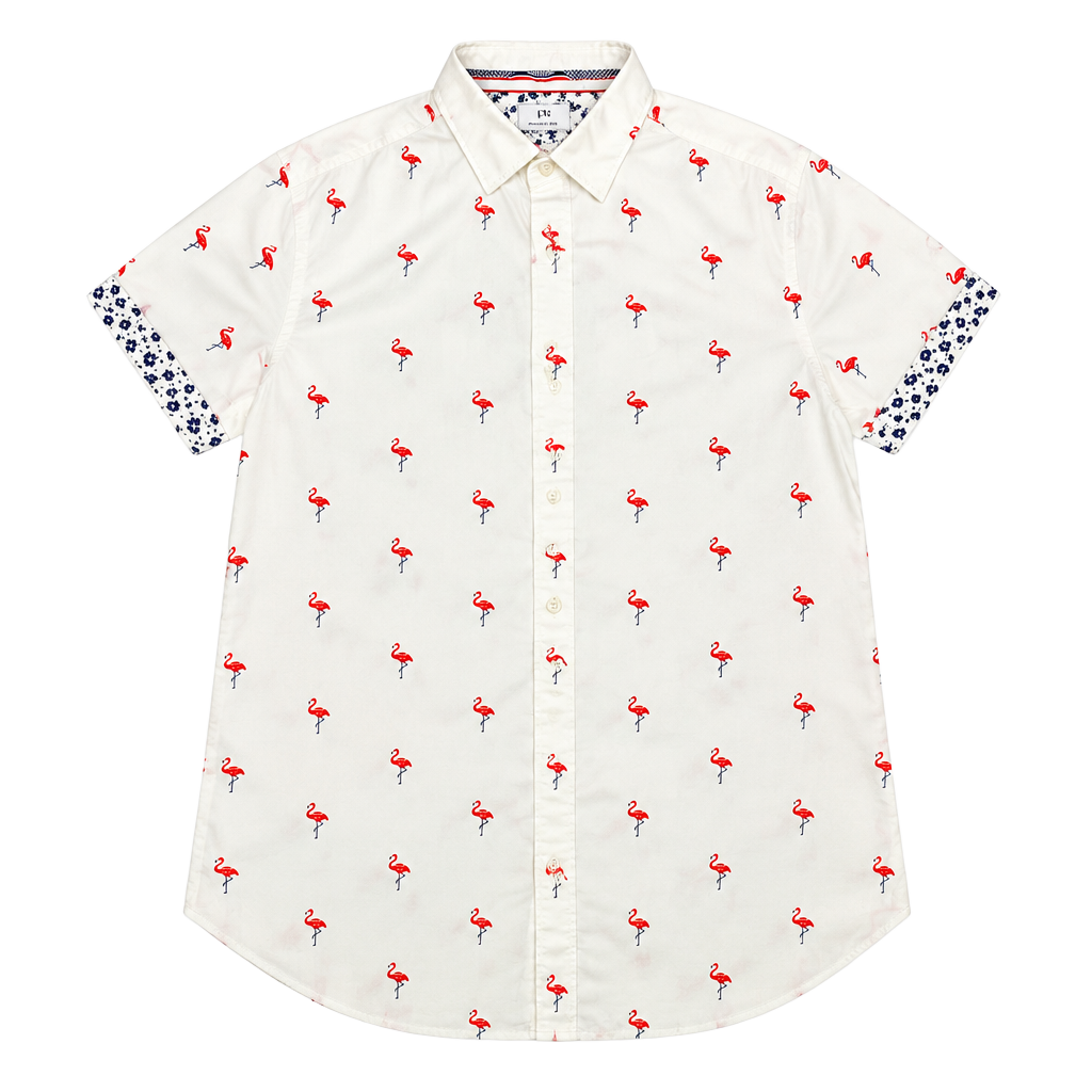 Denim & Flower Ricky Singh Men's Short Sleeve Button-Down Shirt White Flamingo Size M 1