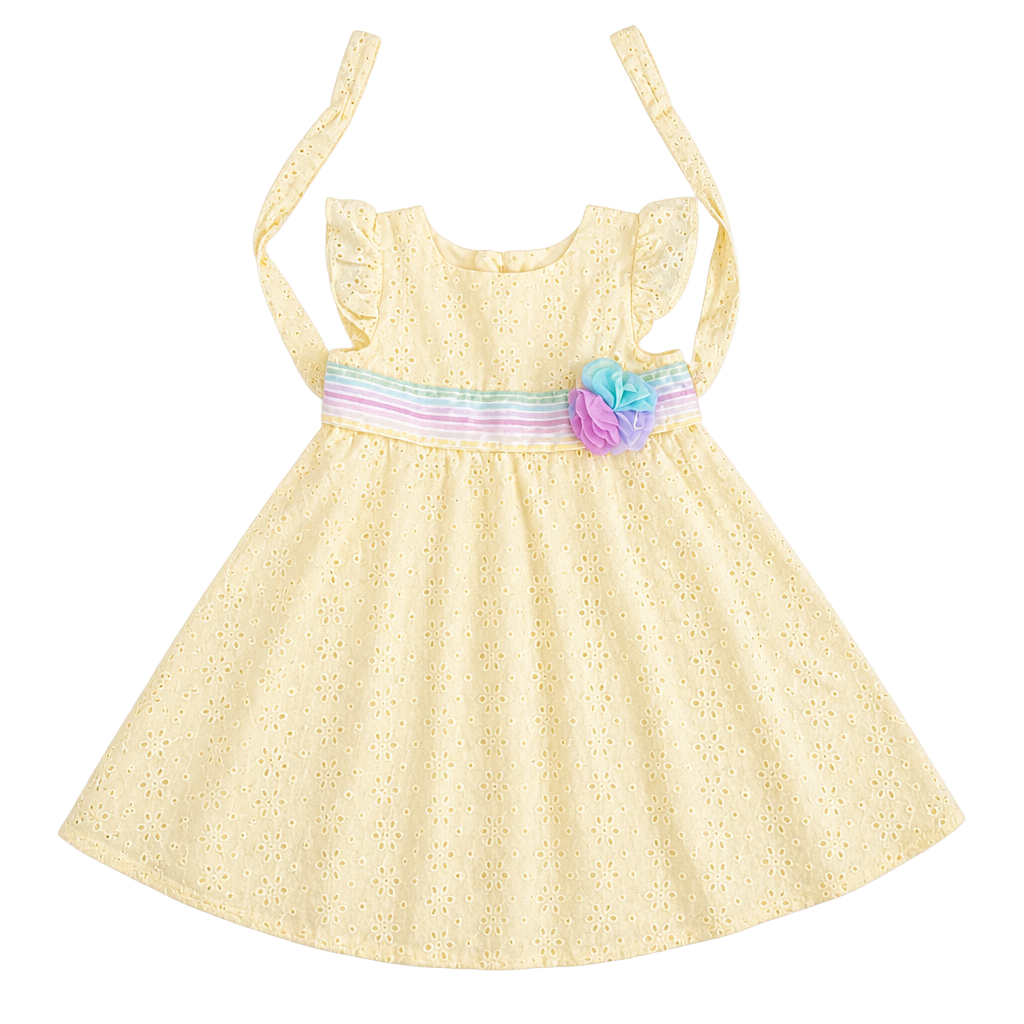 Goodlad Yellow Eyelet Halter Dress with Rainbow Stripe Sash and Flower Size 2T 1