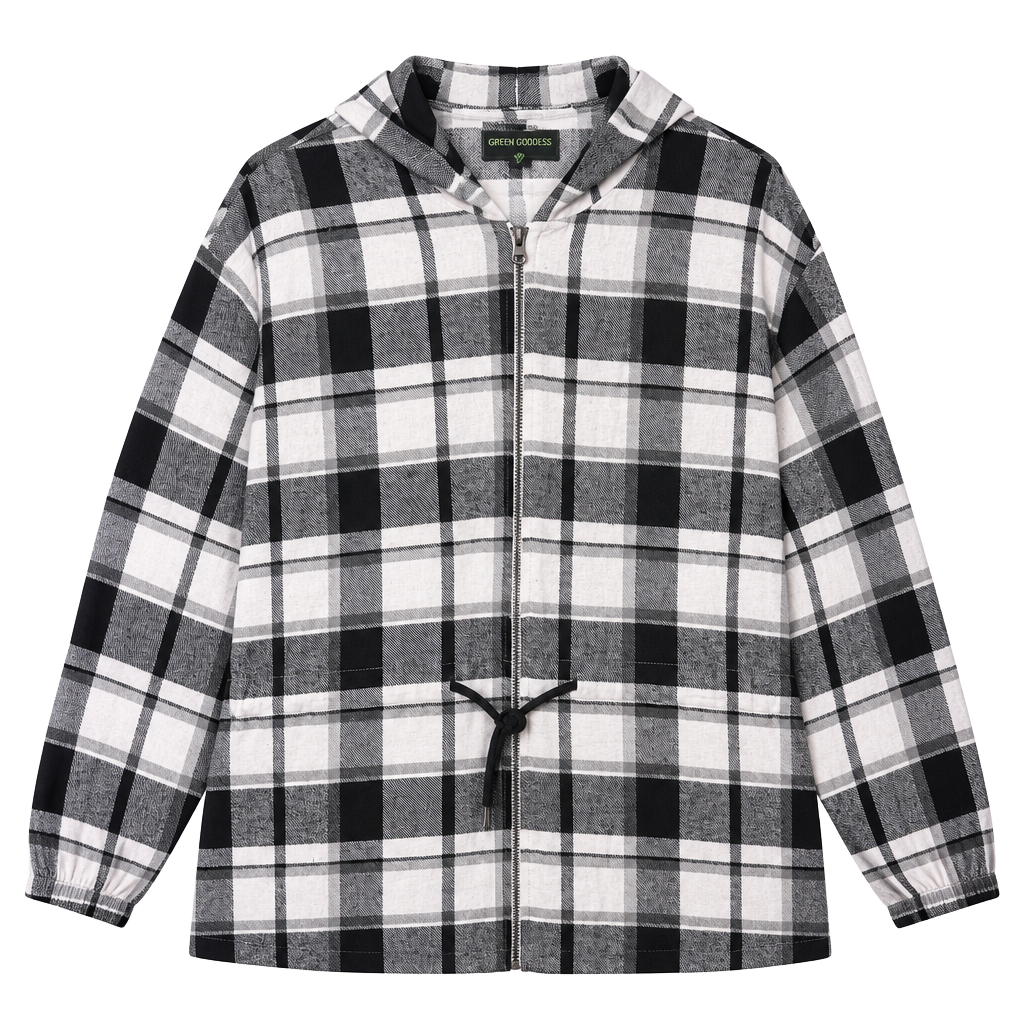 Green Goddess Plaid Hooded Zip Jacket Size L Black White 1