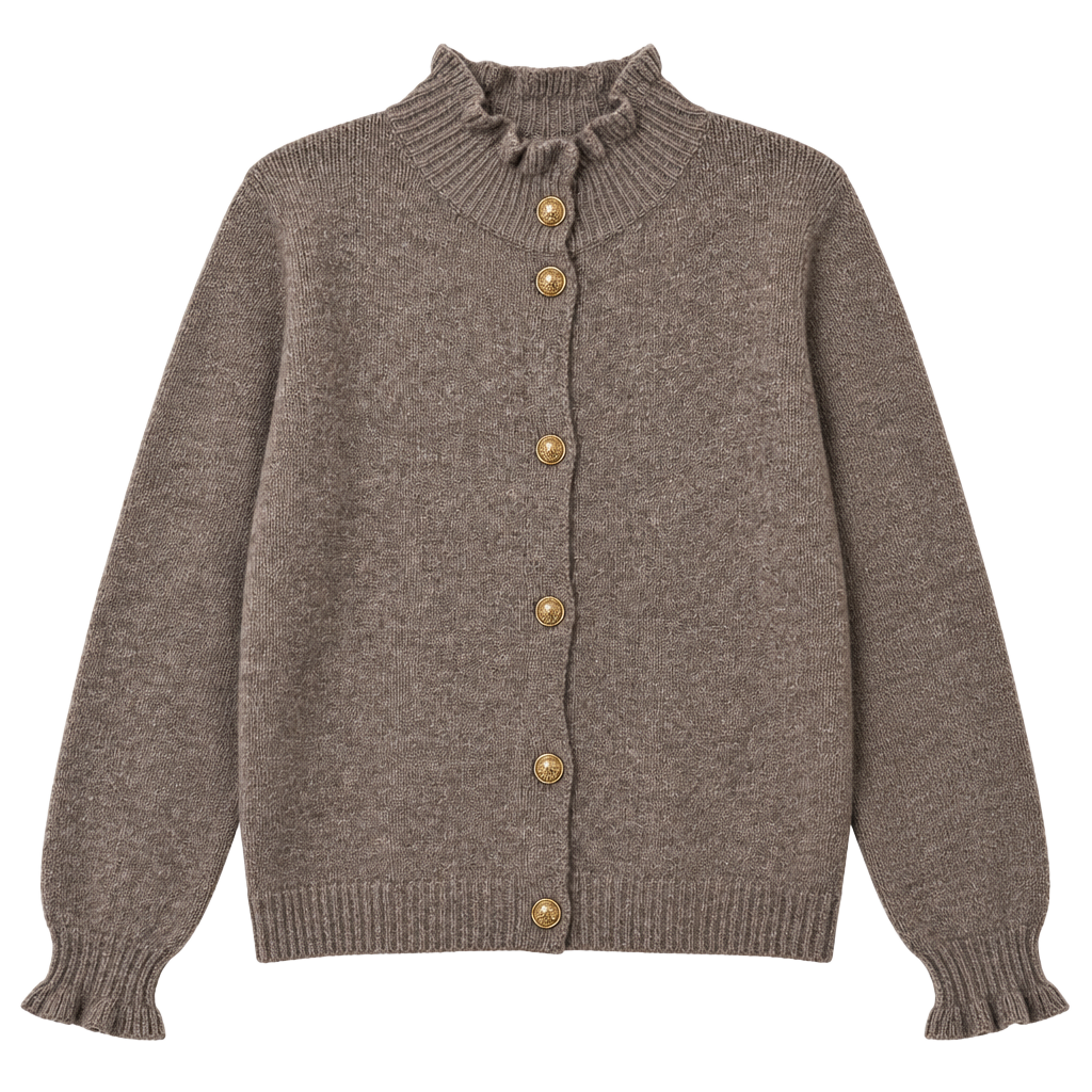 MEROKEETY Cardigan Sweater Brown Gold Buttons 1