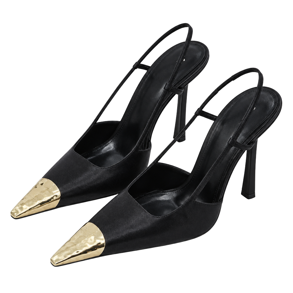 Women Gold Decor Squared Pointy Toe Stiletto Sing Back Strap Party Sexy Elegant. 1