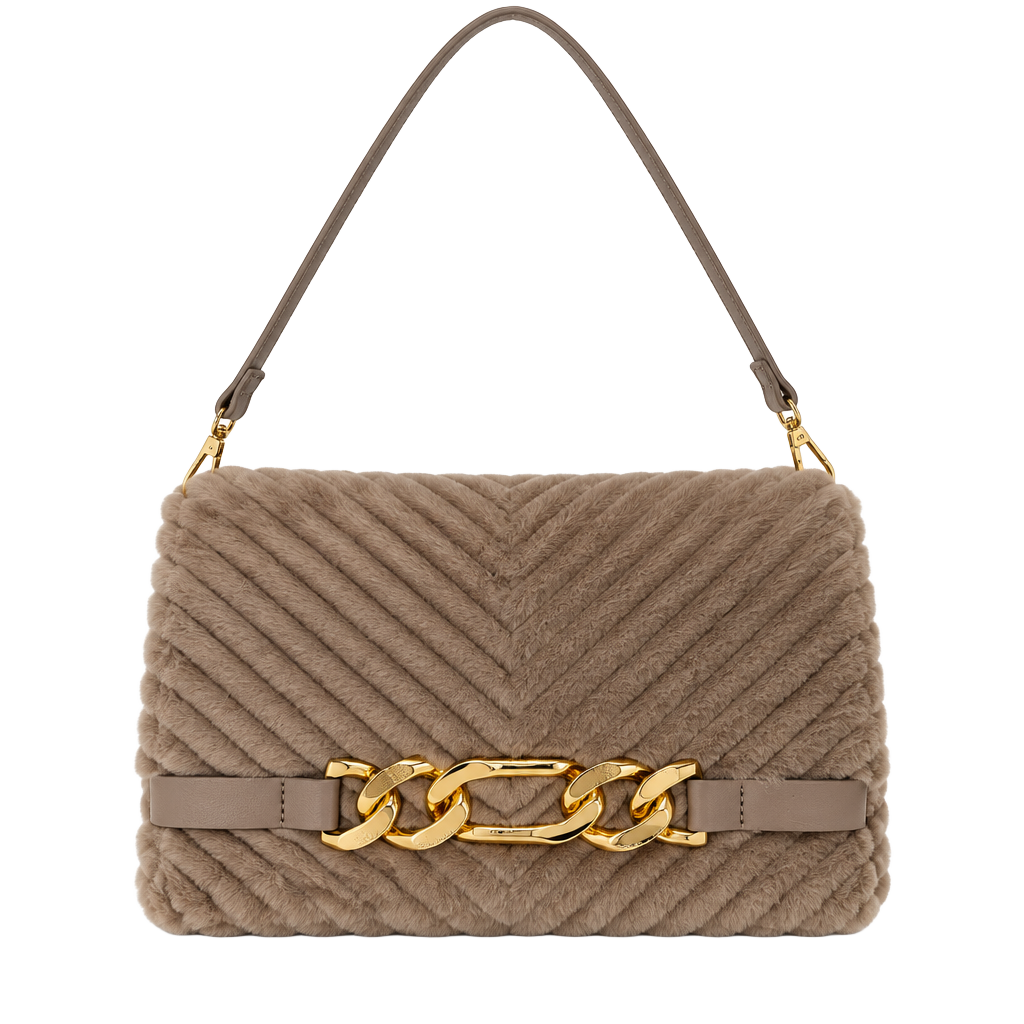 INC International Concepts Faux Fur Shoulder Bag Taupe Chain Details 1