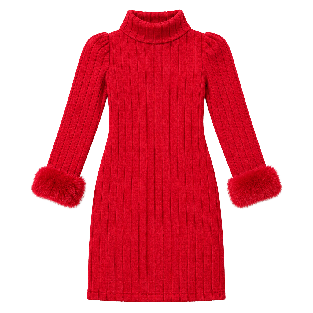 SHEIN Girls Red Ribbed Turtleneck Dress with Faux Fur Cuffs 1