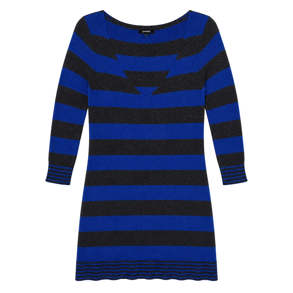Express Blue and Gray Striped Long Sleeve Sweater Dress with Pockets 1