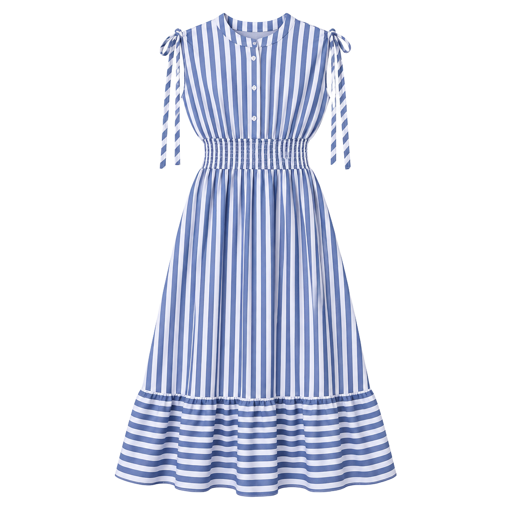 Blue White Striped Smocked Maxi Dress Tie Shoulder Button Front Tiered 1