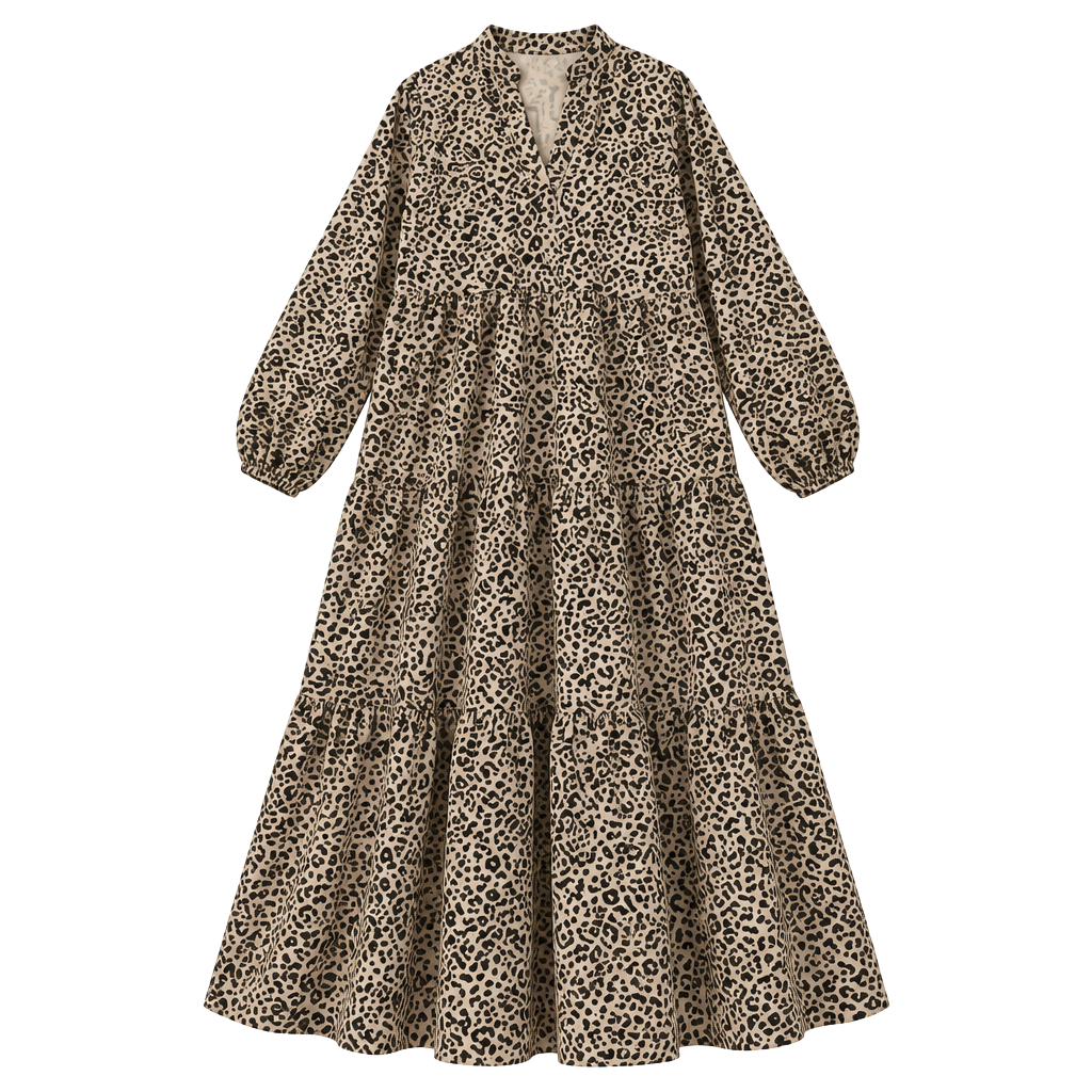 SHEIN Curve 0XL Leopard Print Tiered Maxi Dress Long Sleeve Boho 1