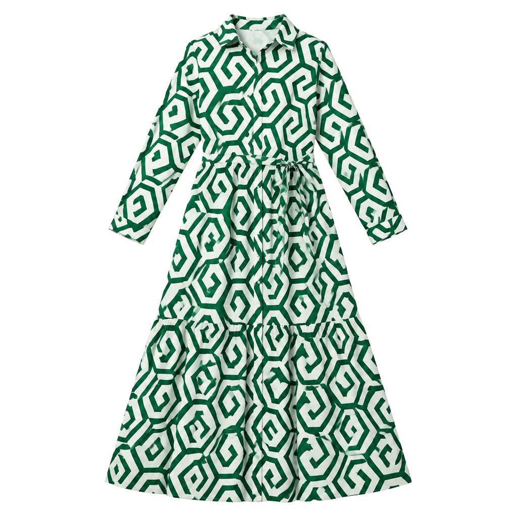 SHEIN Curve 3XL Green White Geometric Tiered Maxi Shirt Dress Plus Size 1