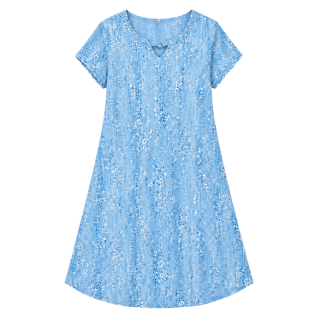 Blue Abstract Print Keyhole Neck Shift Dress Medium Casual Pocket T Shirt Dress 1