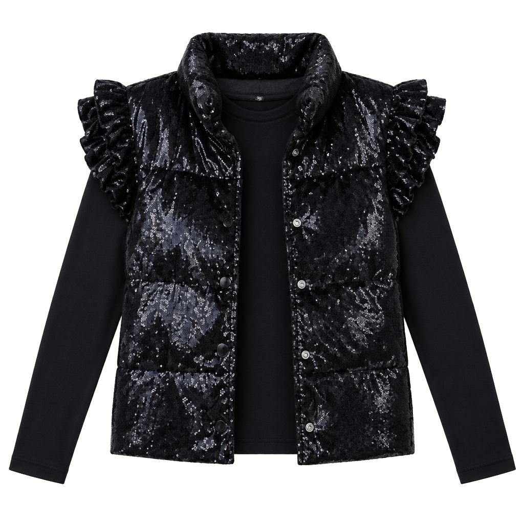 Grace + Emma Black Velvet Shimmer Ruffle Sleeve Puffer Vest Large Boutique Chic 1