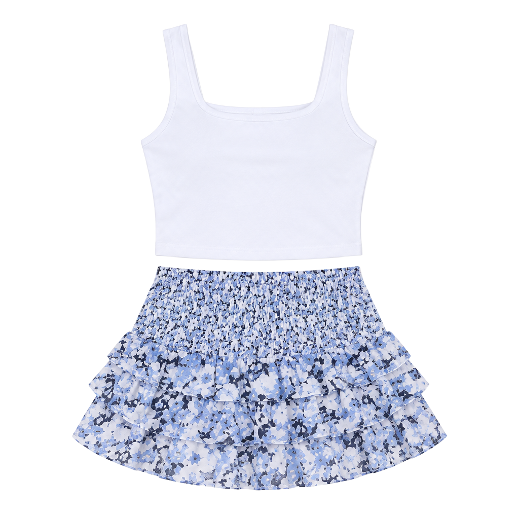 LoveShackFancy Floral Smocked Tiered Lined Mini Skirt Blue Small Sorority Rush 1